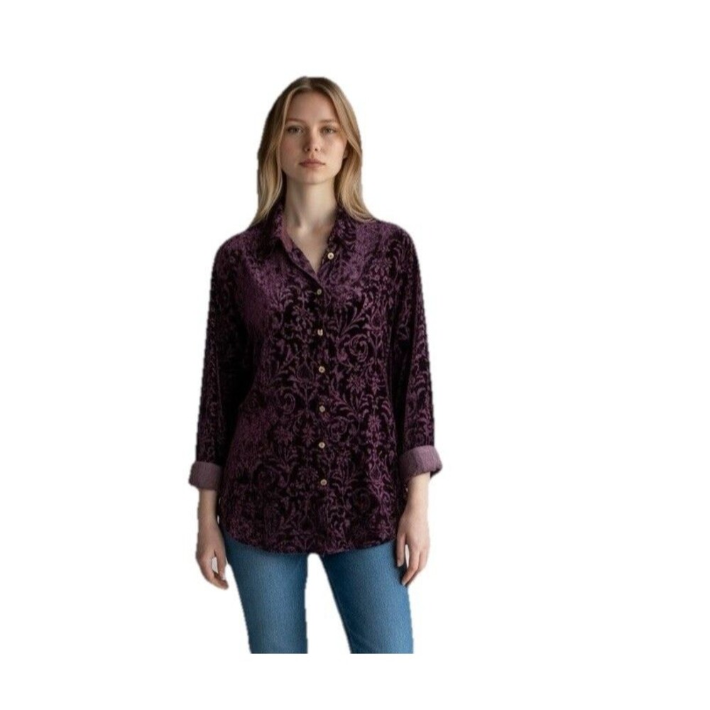 Casual Corner Top Velvet Burnout L/S Dark Purple Button Up Size 6 Y2k Victorian